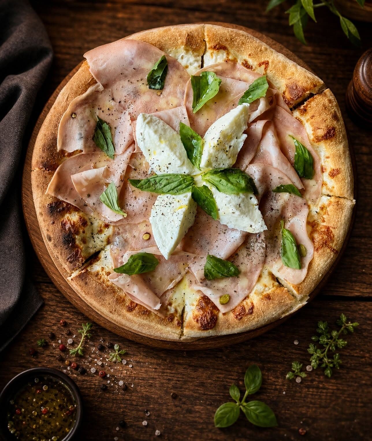 Pizza cu mozzarella proaspătă și busuioc pe lemn